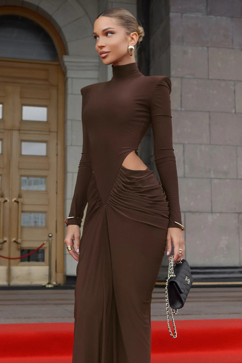 Jacqueline Turtleneck Long Sleeve Cutout Bodycon Gown In Brown
