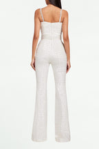 Flowering Girl Women Jacquard Diamante Strap Flared Jumpsuit With Belt