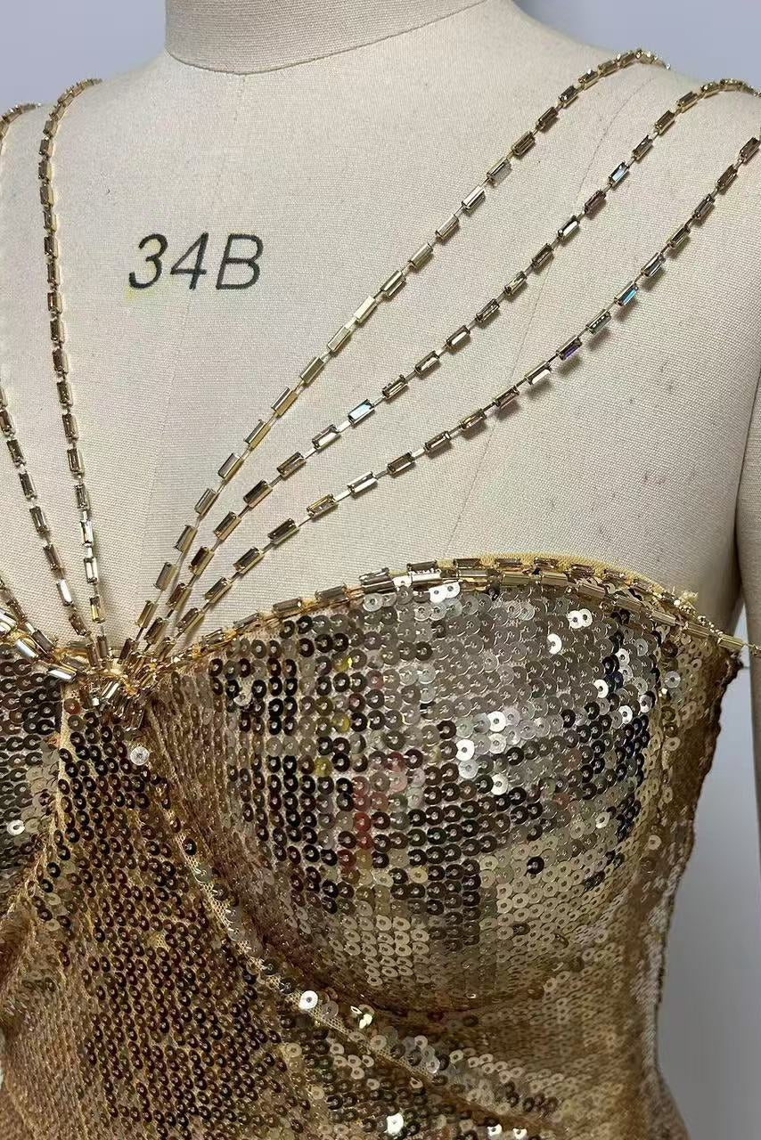Sequin Rhinestone Strap Mermaid Maxi Gown