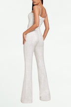 Flowering Girl Women Jacquard Diamante Strap Flared Jumpsuit With Belt