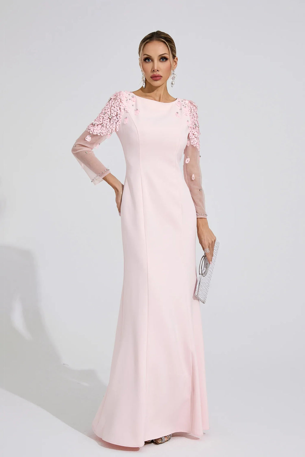 Victoria Pink Sequin Mesh Sleeve Maxi Dress