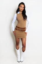 Double Belted Round Neck Mini Dress