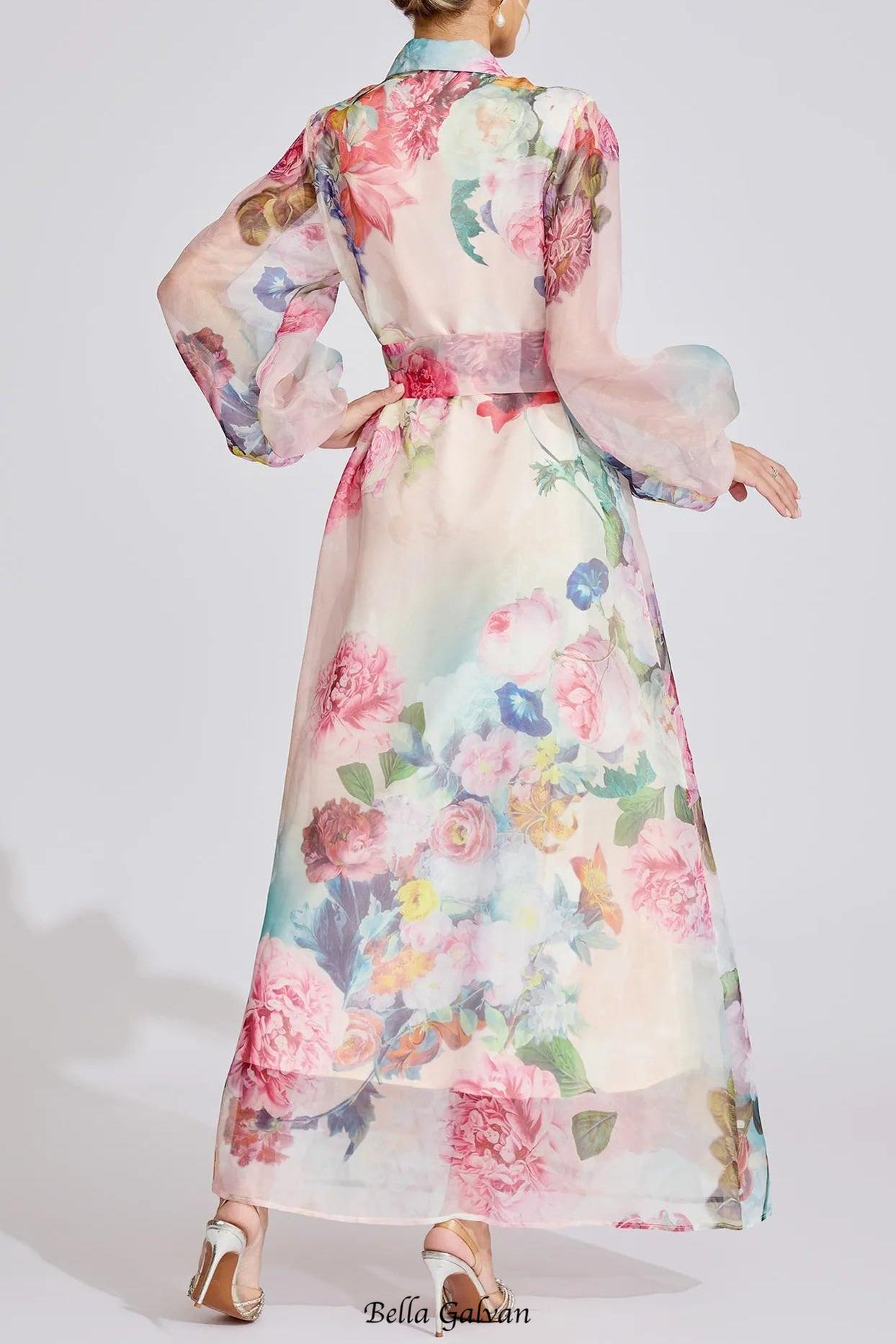 vivien pink floral Printed lantern sleeve Maxi Dress