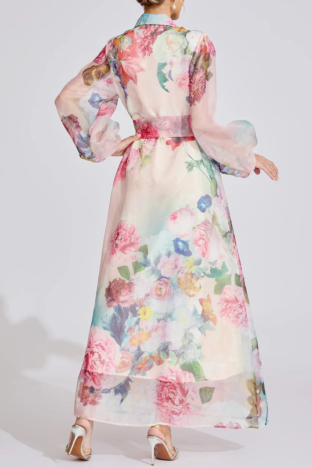 Vivien Pink Floral Printed Lantern Sleeve Maxi Dress