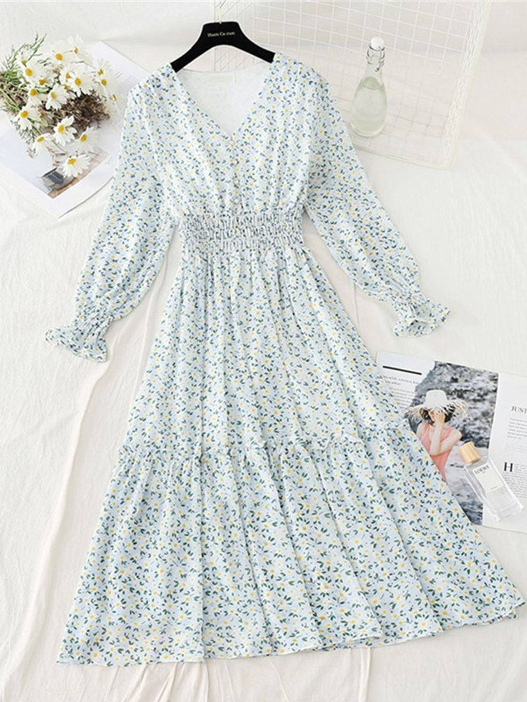 janet Classic Floral Ruffle Chiffon Dress-Yellow