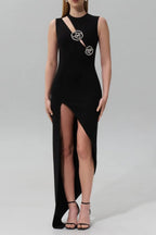 Flowering Girl Women Crystal Rose Detailed High-Slit Black Dress