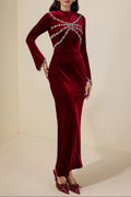 hilary Velvet Rhinestone Long Sleeve Maxi Dress - burgundy
