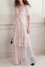 Flowering Girl Women kristin Lace Three-Quarter Sleeve Ruffle maxi Dress - pink