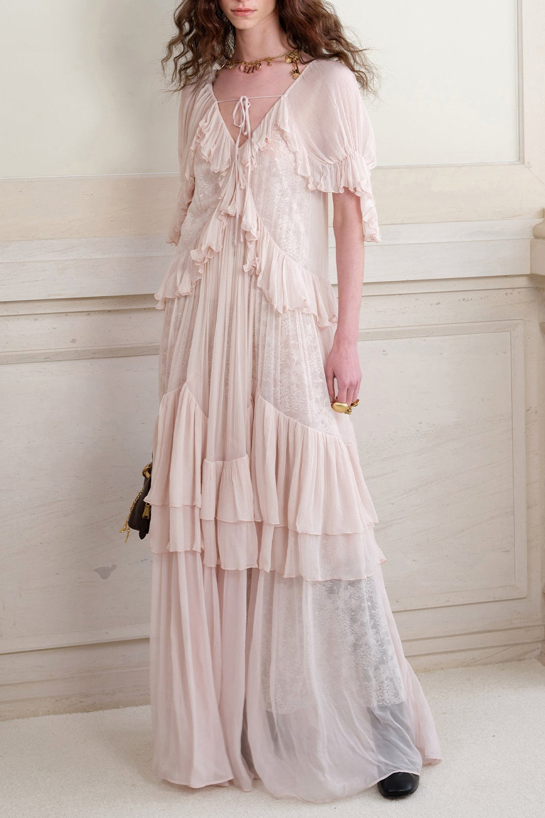 Flowering Girl Women kristin Lace Three-Quarter Sleeve Ruffle maxi Dress - pink