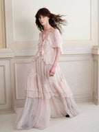 Flowering Girl Women kristin Lace Three-Quarter Sleeve Ruffle maxi Dress - pink