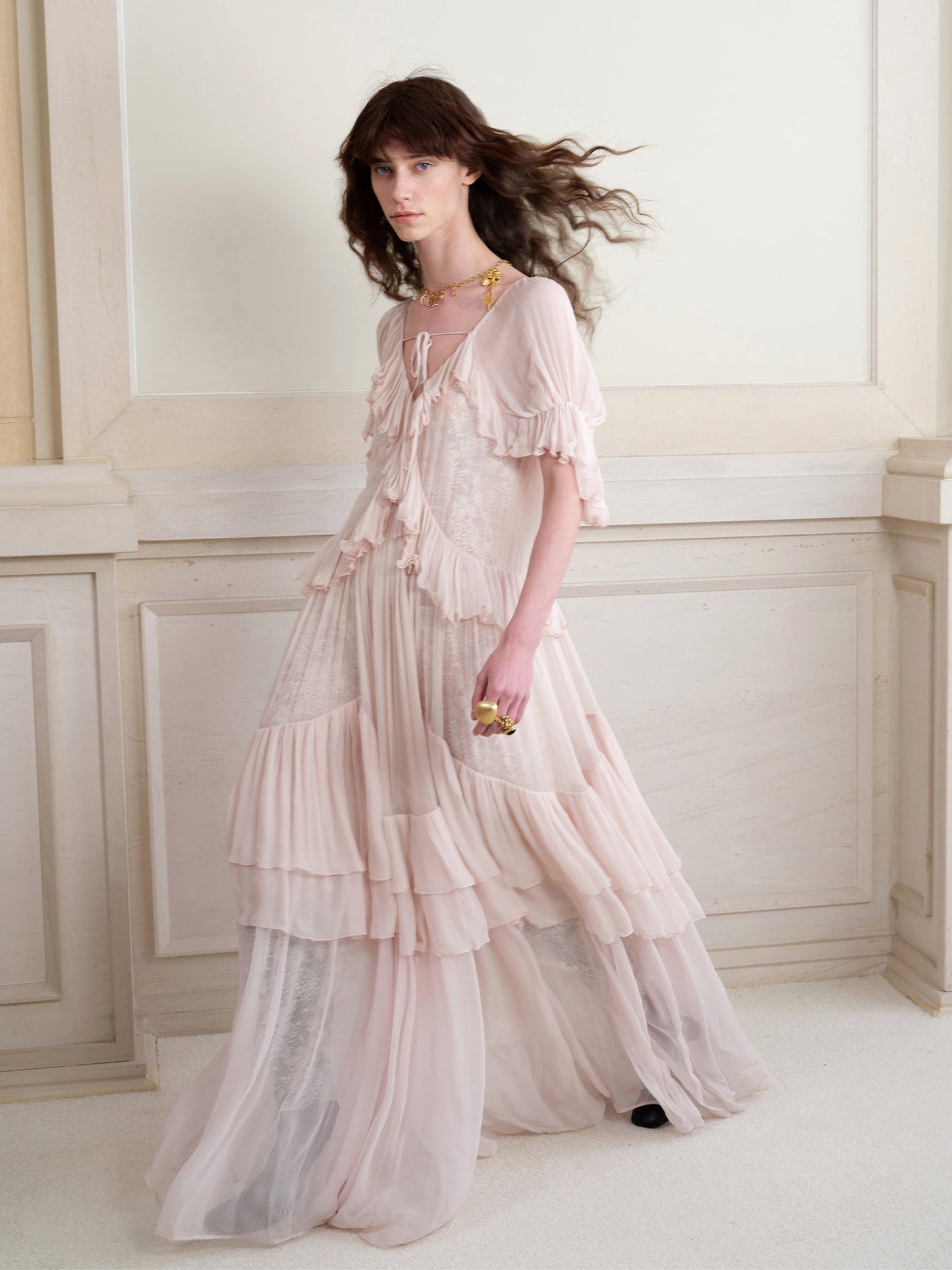 kristin Lace Three-Quarter Sleeve Ruffle maxi Dress - pink