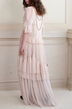 Flowering Girl Women kristin Lace Three-Quarter Sleeve Ruffle maxi Dress - pink