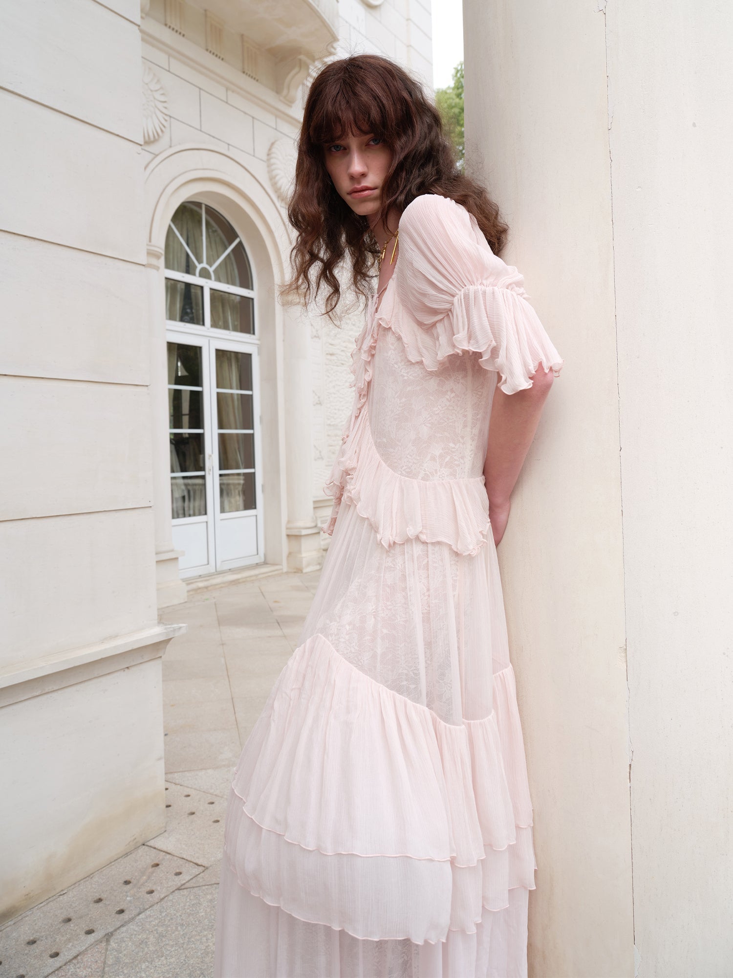 Flowering Girl Women kristin Lace Three-Quarter Sleeve Ruffle maxi Dress - pink