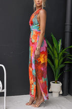 Flowering Girl Women V Neck Sleeveless Tie Back Slit Floral Print Maxi Dress