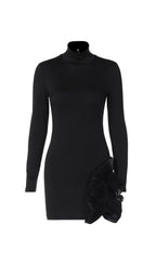 Flowering Girl Women stand collar flower mini dress in black