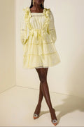 Flowering Girl Women victoria Embroidered hollow Ruffle Mini Dress - yellow