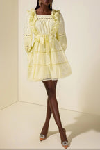 Flowering Girl Women victoria Embroidered hollow Ruffle Mini Dress - yellow