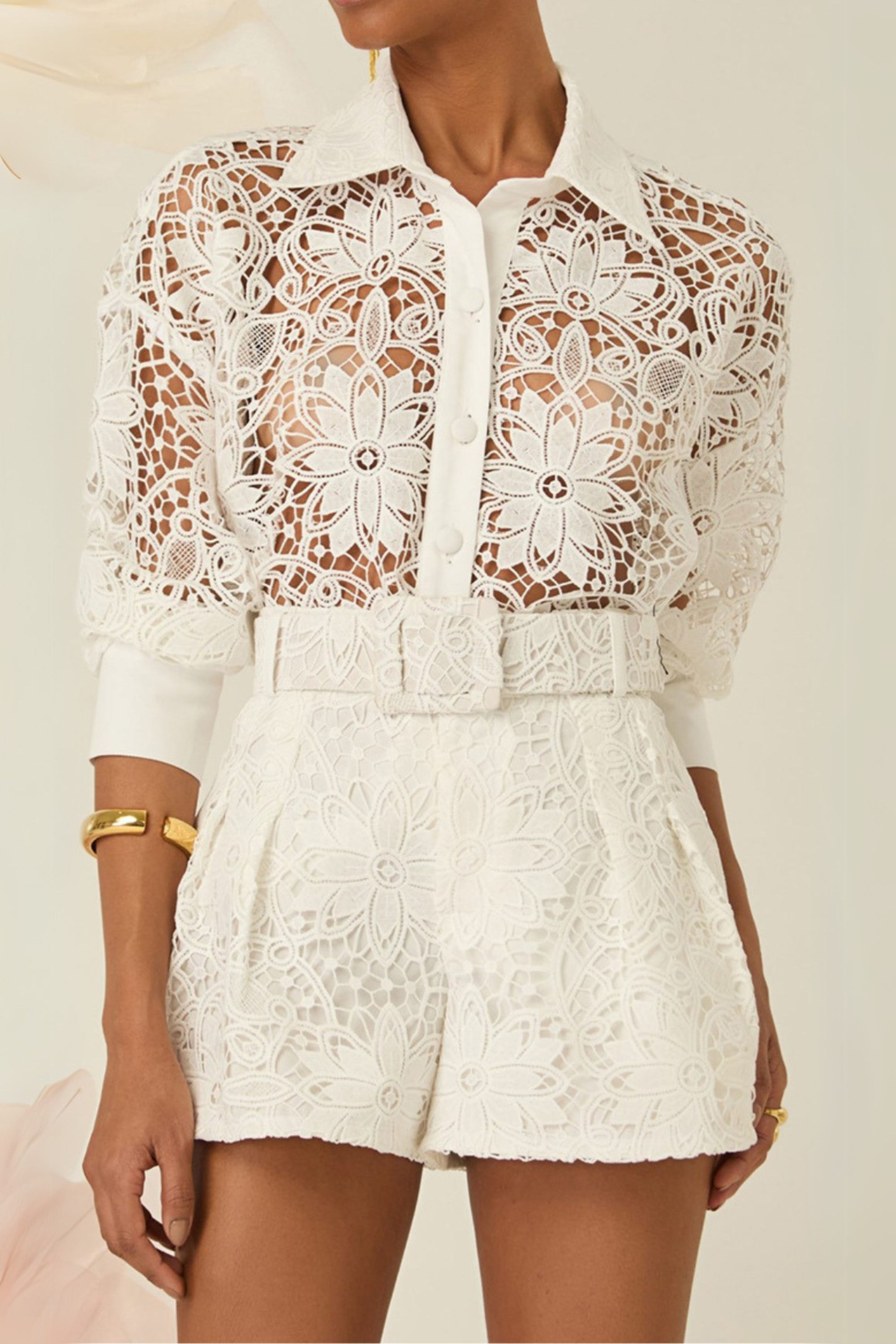 Flowering Girl Women Hollow Cut Lace Shirt Shorts Two Pieces Set In White