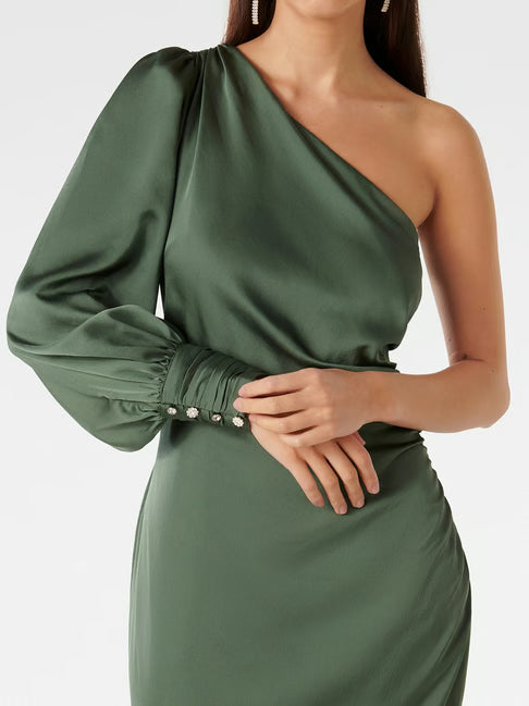 Flowering Girl Women one-shoulder Long Sleeve Midi Dress in green