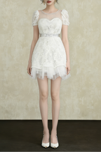 White Lace Sequin Puff Sleeve Mini Dress with Tulle Hem
