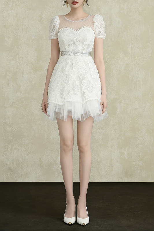 White Lace Sequin Puff Sleeve Mini Dress with Tulle Hem
