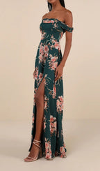 Flowering Girl Women Emerald Green Floral Off-The-Shoulder Maxi Dress