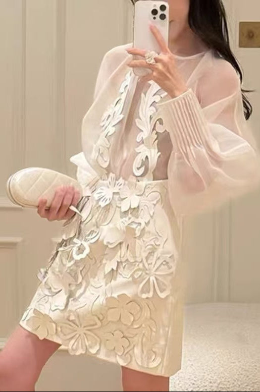 Flowering Girl Women Floral Appliqué Sheer Organza Blouse & Mini Skirt Set - White