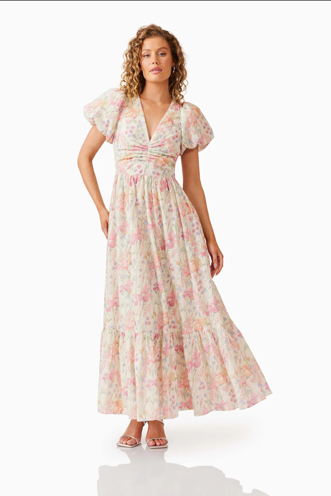 V-Neck Puff Sleeves Floral Maxi Dress In Pink