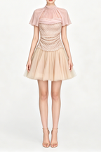 Sheer Mesh Rhinestone High Neck Tulle Mini Dress