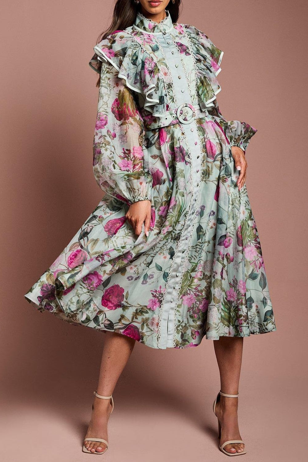 Flowering Girl Women Green Long Sleeve Printed Organza Shirt Midi Dress