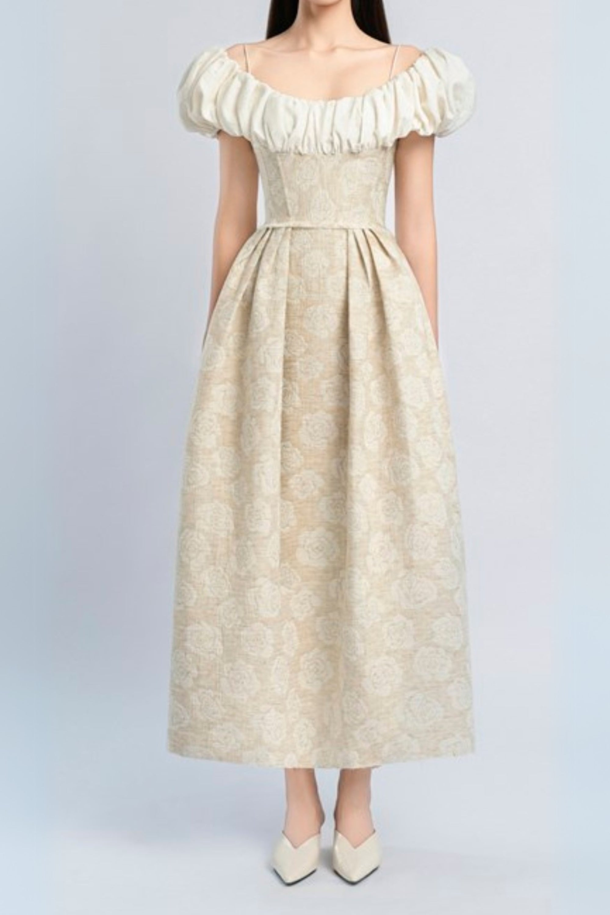 Flowering Girl Women Boat Neck Corset Maxi Dress In Beige