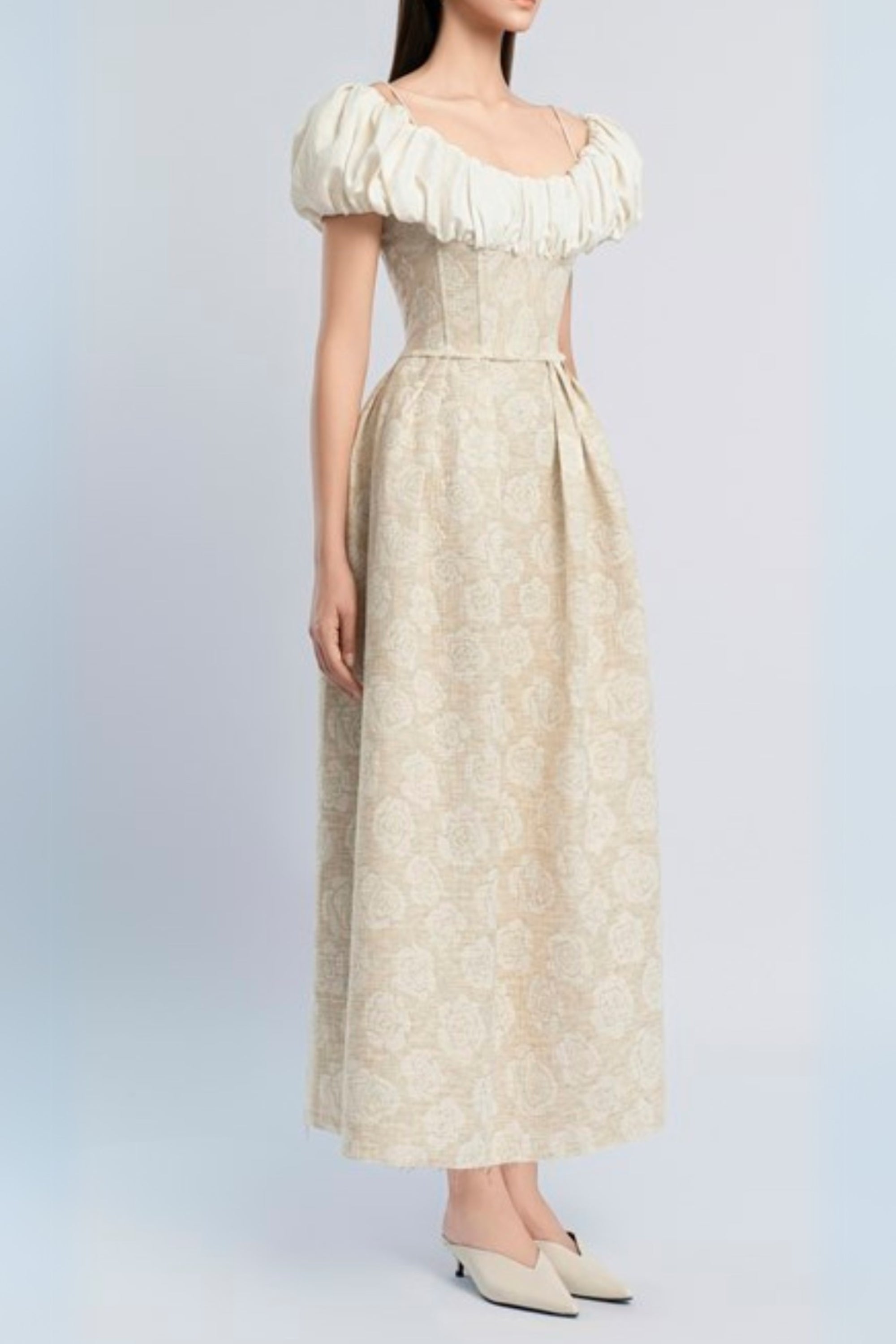 Flowering Girl Women Boat Neck Corset Maxi Dress In Beige