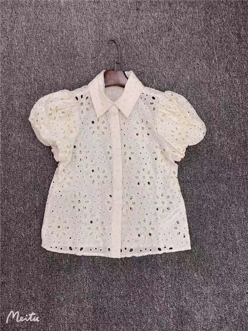 White Eyelet Embroidered Puff Sleeve Open Shirt