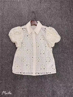 White Eyelet Embroidered Puff Sleeve Open Shirt