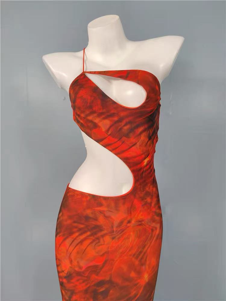 Flowering Girl Women Cut Out Printed Maxi Dress Orange