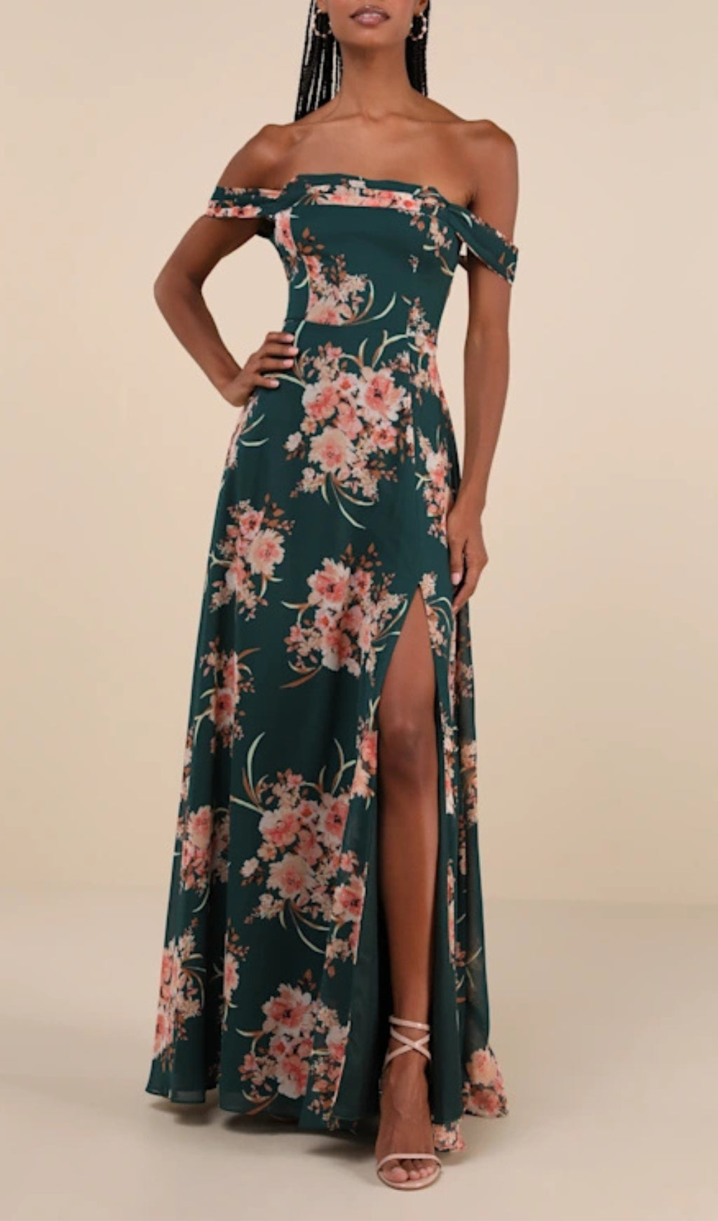 Flowering Girl Women Emerald Green Floral Off-The-Shoulder Maxi Dress