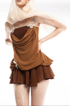 Flowering Girl Women Brown 3d Butterfly Fishbone Tunic Top Mini Skirt Set