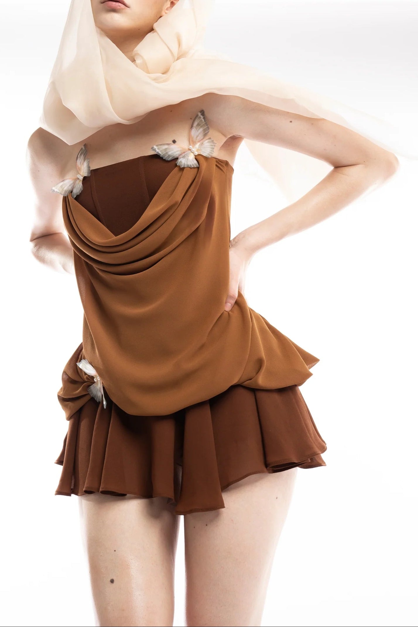 Flowering Girl Women Brown 3d Butterfly Fishbone Tunic Top Mini Skirt Set