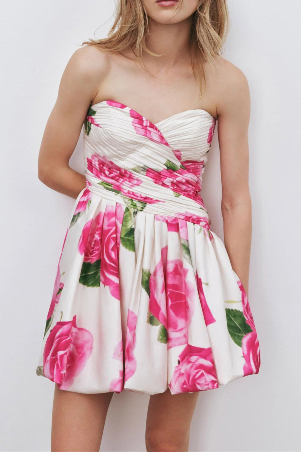 Flowering Girl Women Rose Light Bubble Hem Strapless Mini Dress