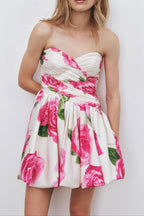 Flowering Girl Women Rose Light Bubble Hem Strapless Mini Dress