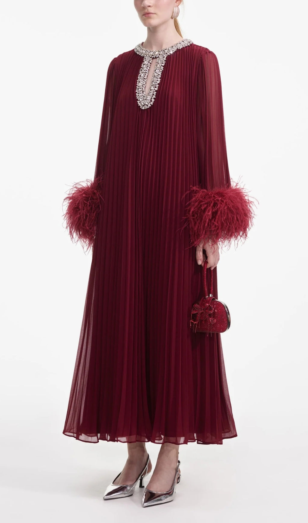 Flowering Girl Women Burgundy Chiffon Feather Midi Dress