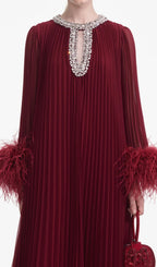 Flowering Girl Women Burgundy Chiffon Feather Midi Dress