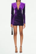 Flowering Girl Women Purple V Neck Ruched Velvet Mini Dress