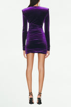 Flowering Girl Women Purple V Neck Ruched Velvet Mini Dress