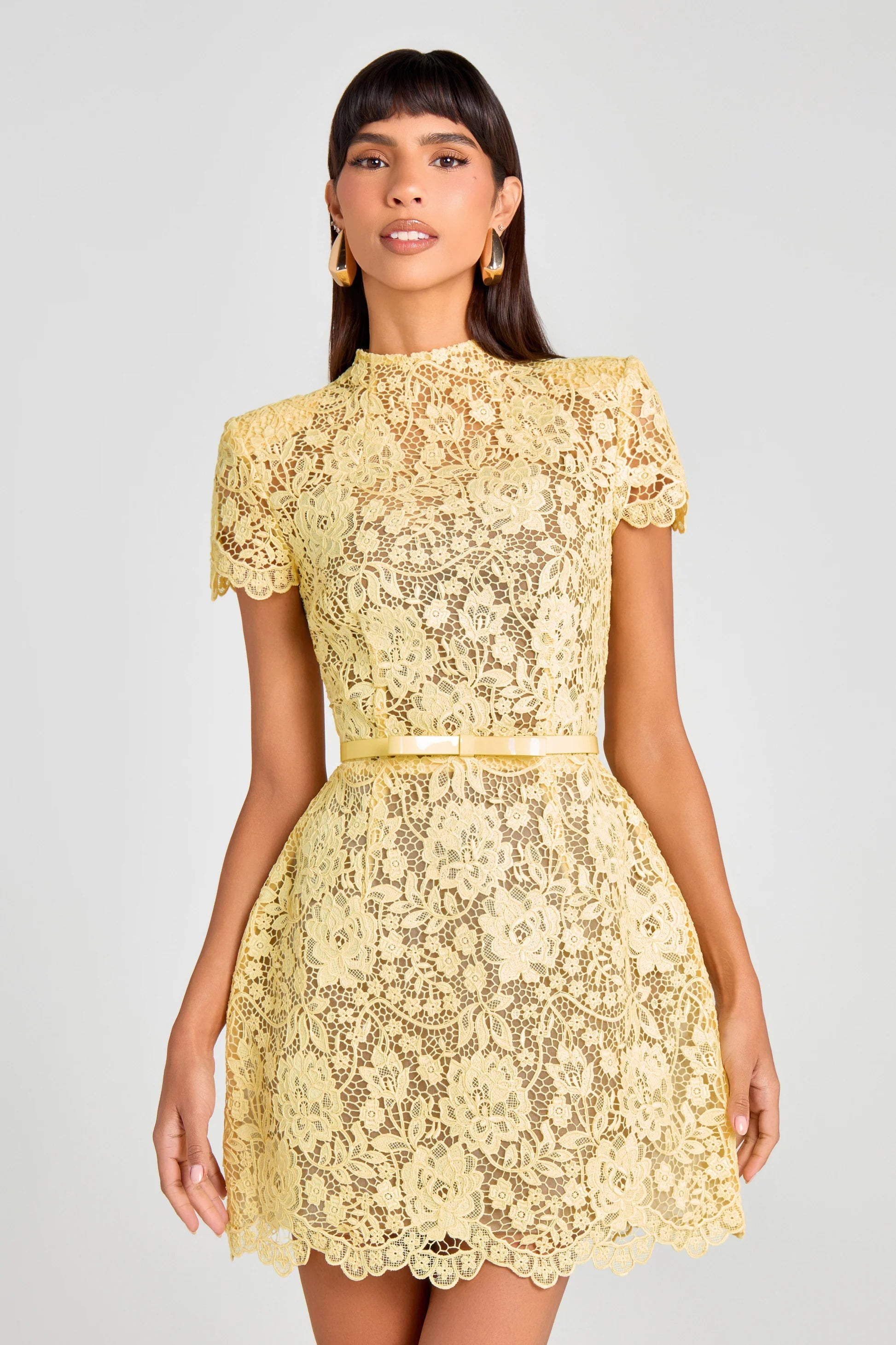 Hollow Lace Bow Belt Mini Dress In Yellow