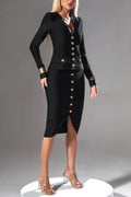 Flowering Girl Women Long Sleeve Single Breasted Bandage Set In Black
