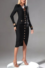 Flowering Girl Women Long Sleeve Single Breasted Bandage Set In Black