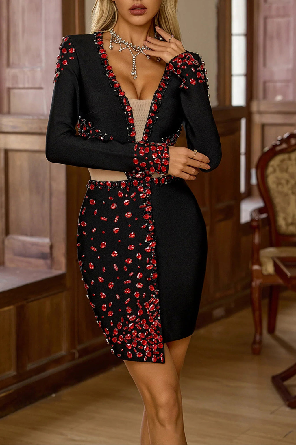 Flowering Girl Women Red Dimond Long Sleeve Mini Dress