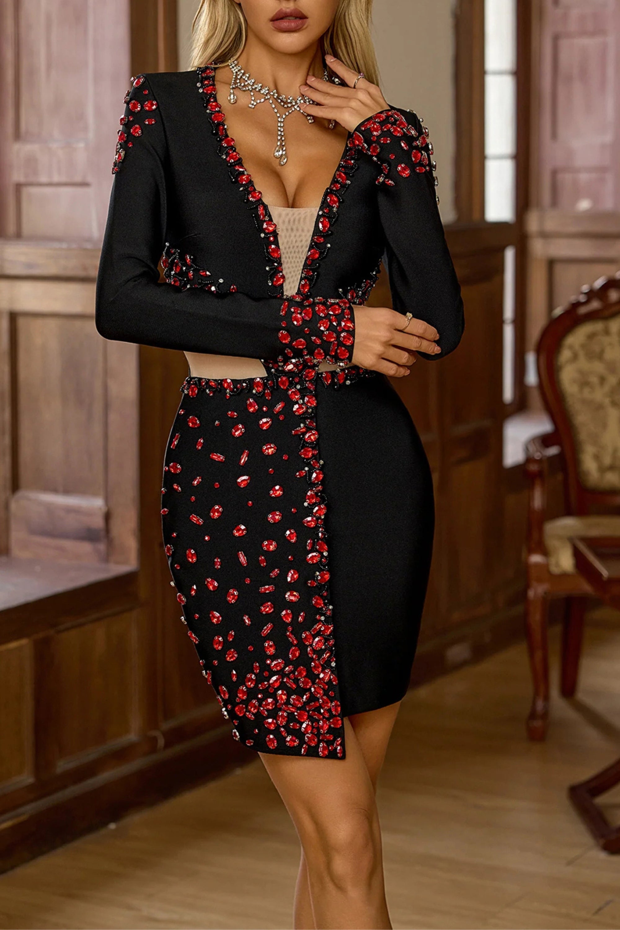 Flowering Girl Women Red Dimond Long Sleeve Mini Dress