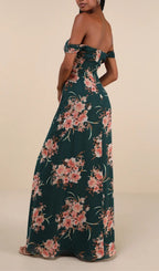 Flowering Girl Women Emerald Green Floral Off-The-Shoulder Maxi Dress